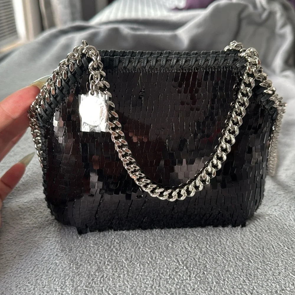 Stella McCartney Mini Falabella Sequin Shoulder Bag Black w/silver hardware NWT - Picture 7 of 14